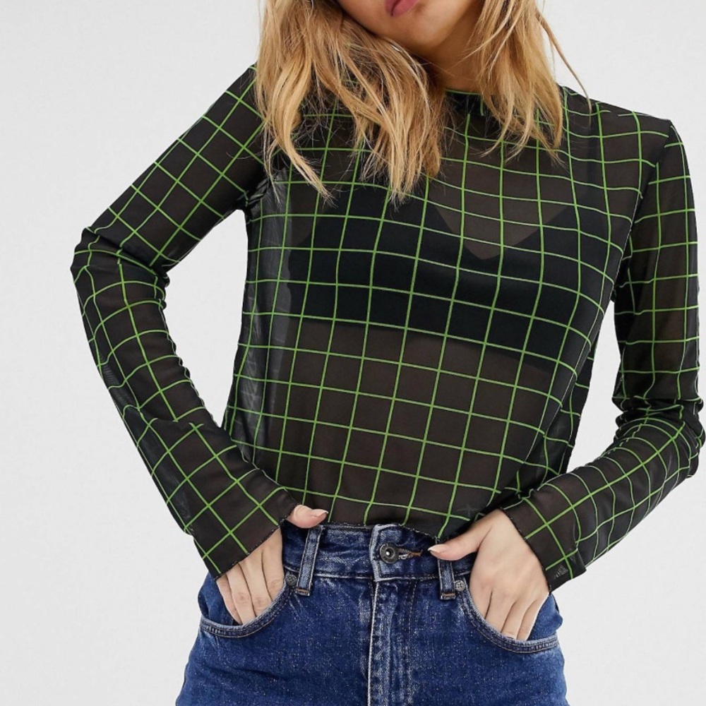 The Ragged Priest | Long Sleeve Mesh T-Shirt in Grid Check